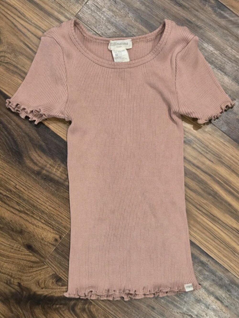 Minimalisma Kids Silk Cotton Ribbed Top Pink 5T 6 Lettuce Trim Scandi